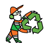 Mascotte Envie tenant le logo du recyclage